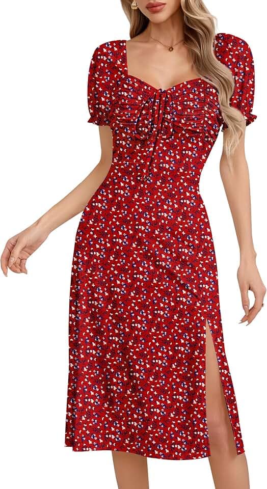 Missufe Women's Summer Floral Midi Dresses Puff Short Sleeve Side Split A Line Sundress Casual Beach Dresses