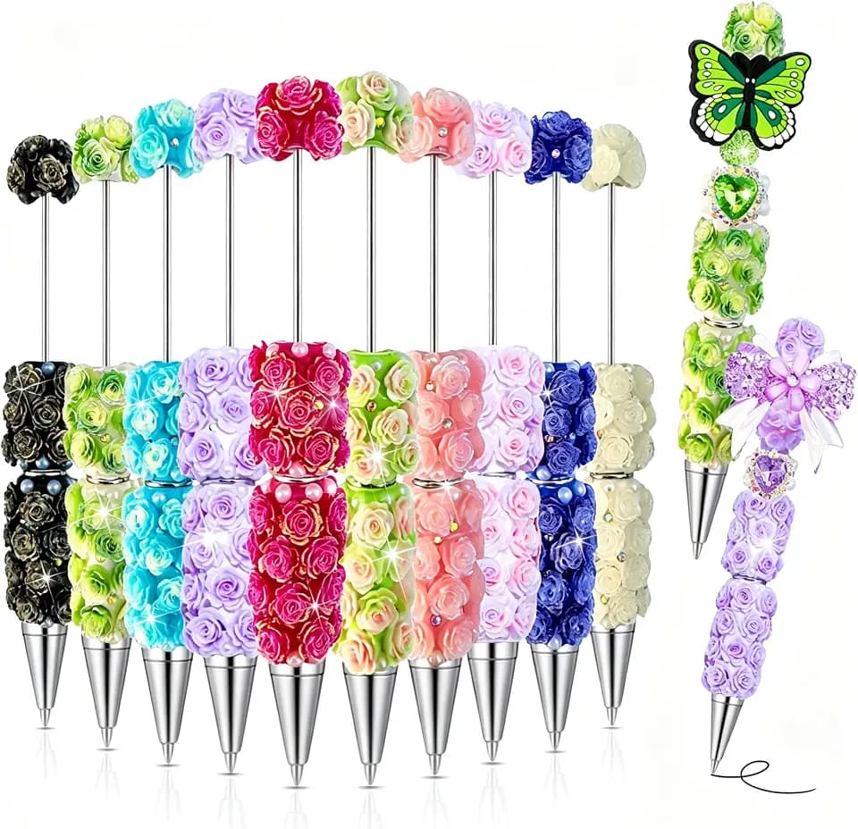 10 Pack Flower Beaded Pens, Floral Rhinestone Black Ink Pens
