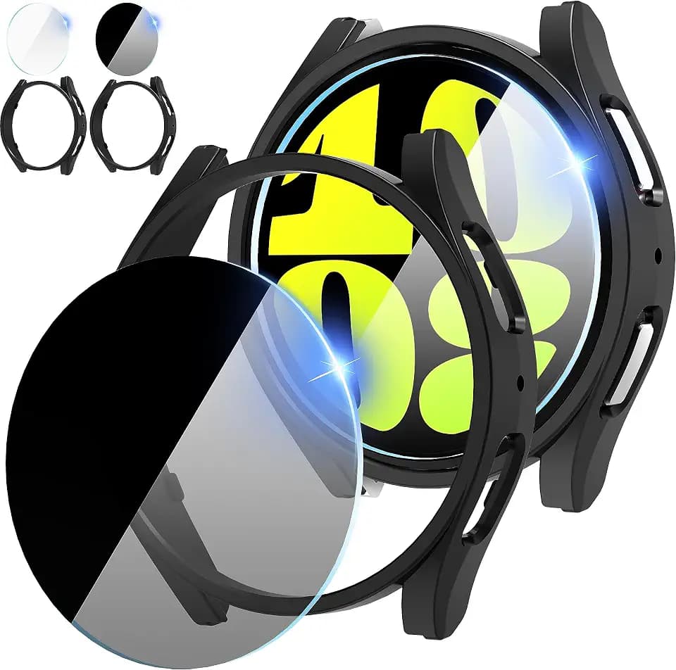 2+2 Stück für Samsung Galaxy Watch 6 44mm Hülle*2+High Definition Displayschutzfolie*1+Anti Spy Displayschutzfolie*1,Hard PC Ultradünne Hohle Schutzhülle für Samsung Galaxy Watch 6 44mm