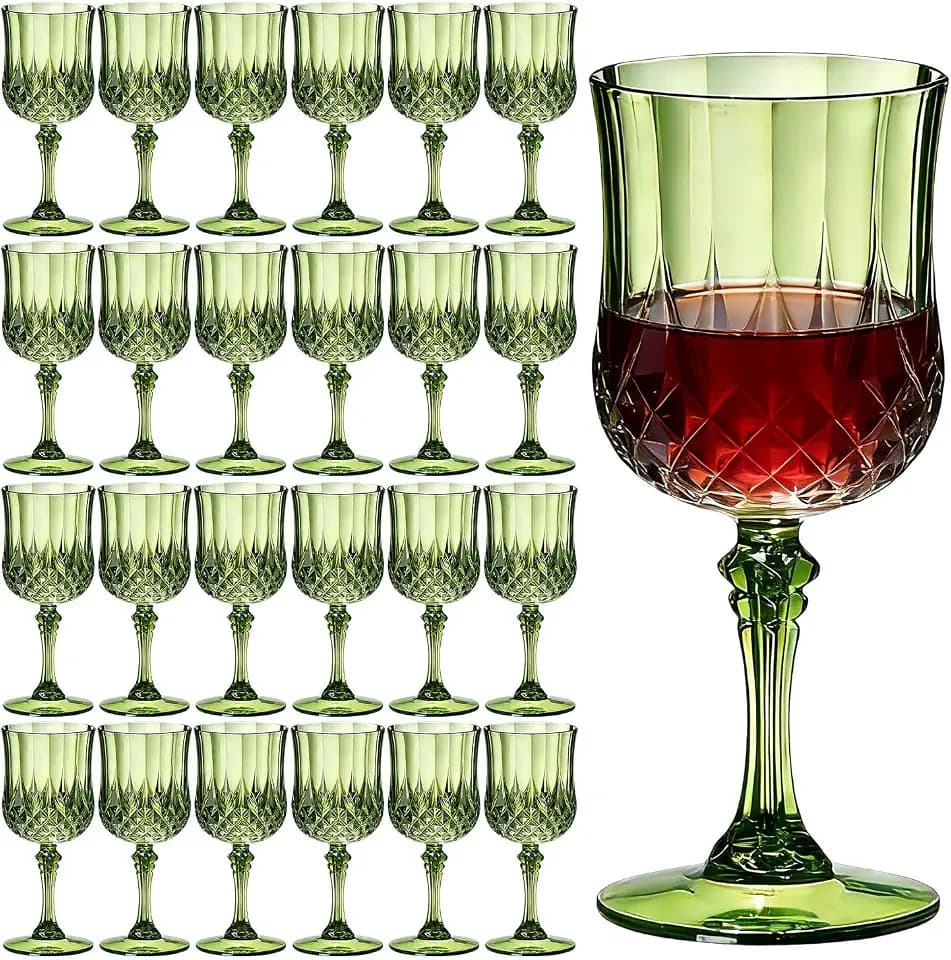 24 Pack 7 oz Vintage Plastic Wine Glasses Goblet Set, Unbreakable