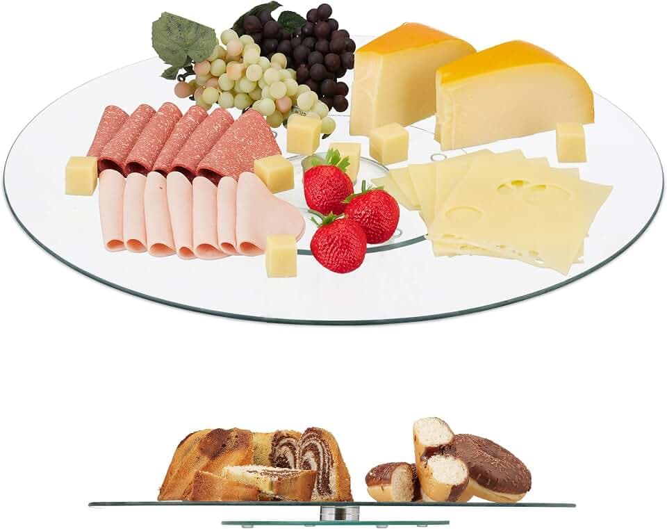 Relaxdays XL Servierplatte, 360° drehbar, Käse, Snacks, Kuchen, rund, ∅ 45 cm, Glas Tortenplatte, transparent/silber, 1 Stück