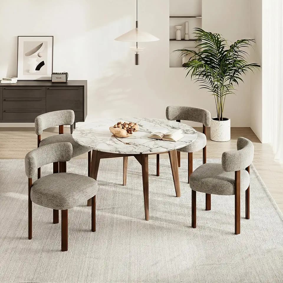 COLAMY Mid-Century Modern Design Sherpa Esszimmerstühle 4er Set, Vintage Landhaus-Stil Bouclé Küchenstühle mit offener geschwungener Rückenlehne für Esszimmer, Restaurant, Kamel
