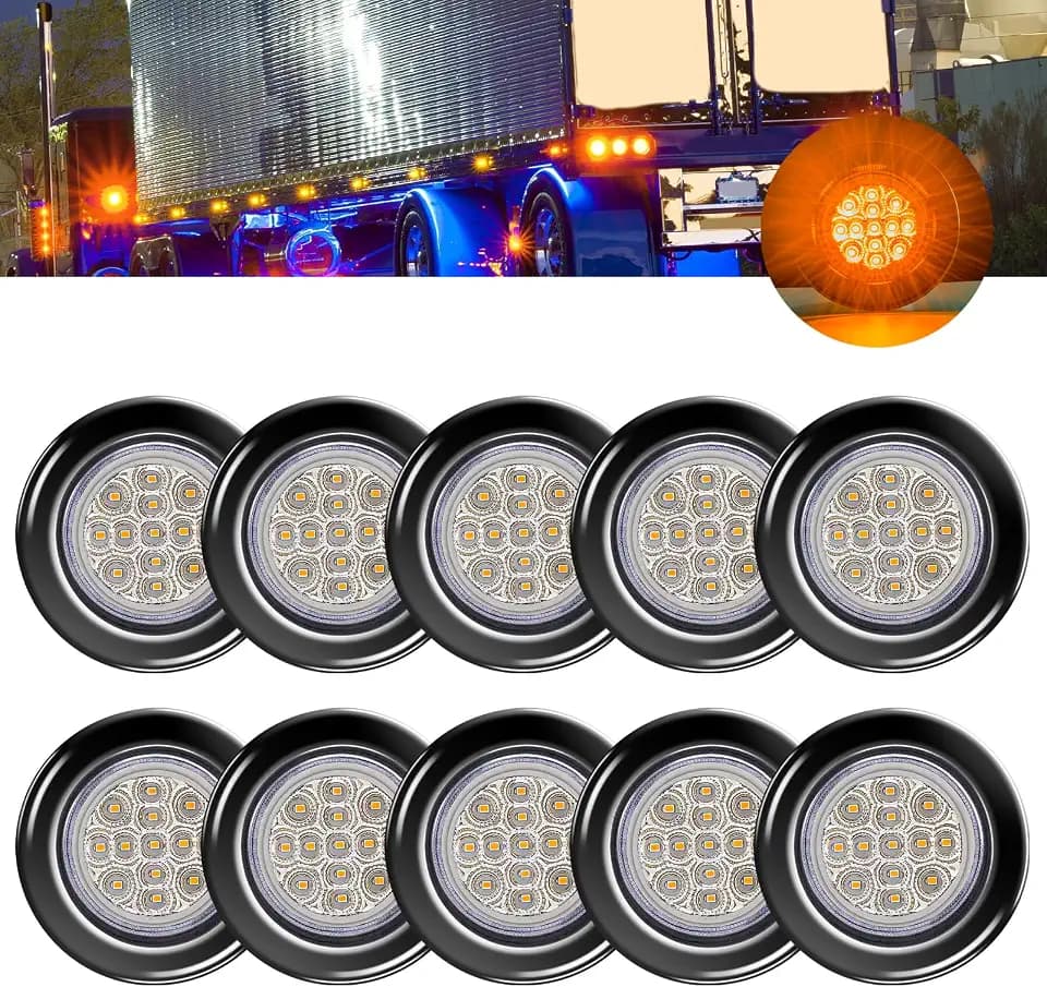 10PCS 2.5" Inch Amber Round Trailer Led Side Marker Clearance Lights Clear Lens w/ [Reflector Lens] [Grommet] [IP67 Waterproof] [Flush Mount] [Wire Pigtails] for 12V Semi Truck Trailer RV Van