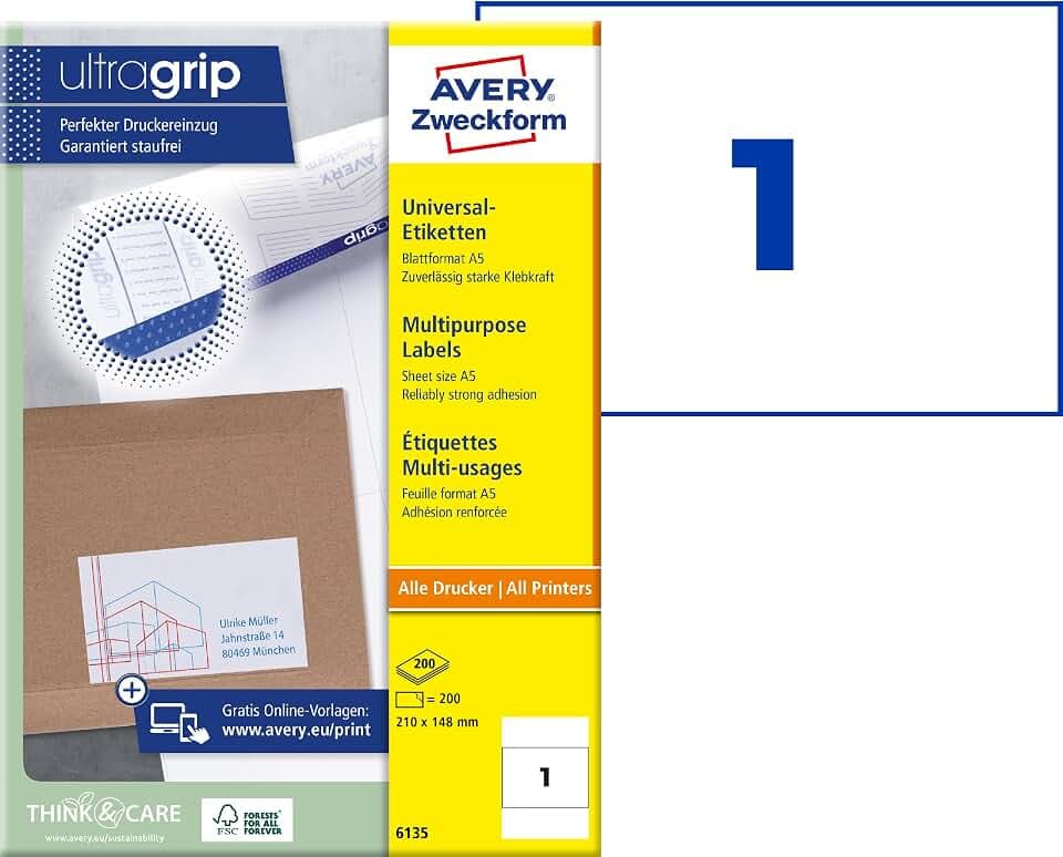 AVERY Zweckform 6135 Universal Etiketten (200 Klebeetiketten, 210x148mm auf A5, Papier matt, bedruckbare Versandetiketten, selbstklebende Versandaufkleber mit ultragrip) 200 Blatt, weiß
