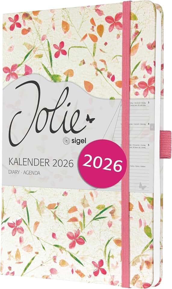 SIGEL J6307 Wochenkalender 2026 ca. A5, weiß, pink, Hardcover, Gummiband, Stiftschlaufe, Einstecktasche, 174 Seiten, vegan, aus nachhaltigem Papier, Terminplaner Taschenkalender Jolie
