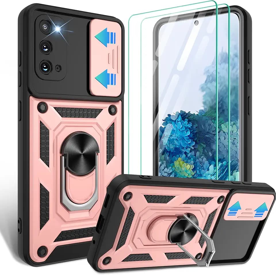 Gritup for Samsung Galaxy-S20 Case with Slide Camera Cover & [HD Screen Protector×2],360°Rotation Ring Kickstand [Military Grade] Case,Rose Gold
