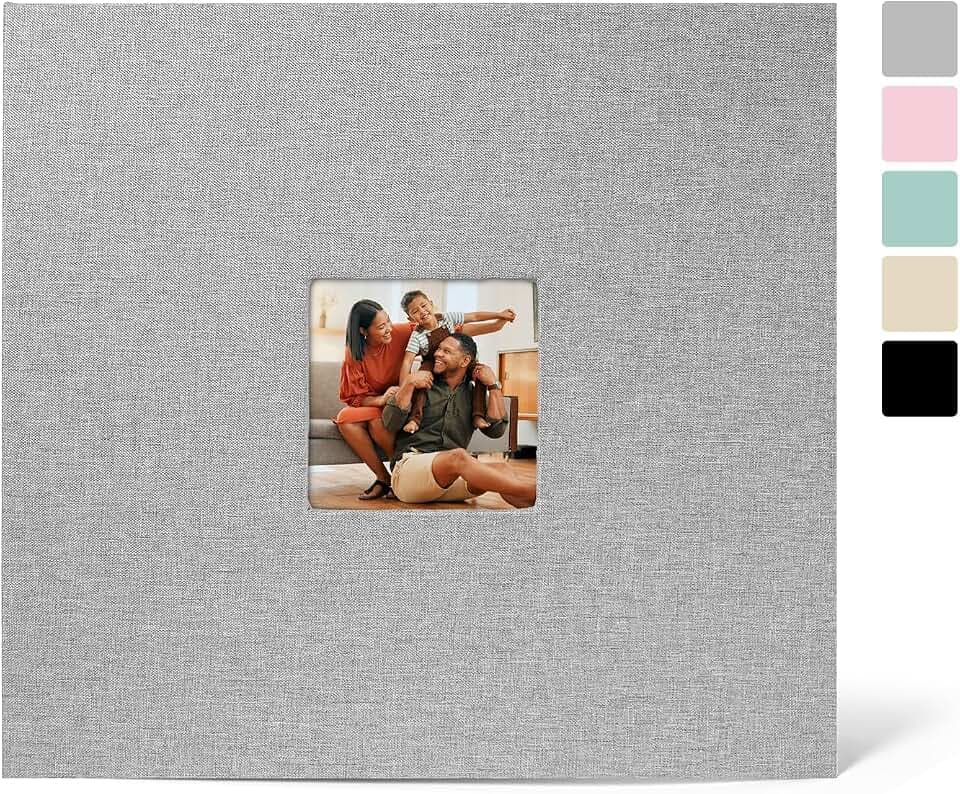 12x12 Inch Large 3 Ring Binder Scrapbook Album, Linen Cover Scrap Books 30 Pocket with Plastic Sleeves Protectors Display 60 Pages 12 x 12 Art Portfolio for Wedding Baby Adventure (Grey)