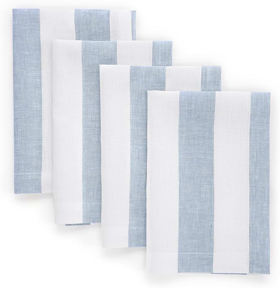 Solino Home 100% Linen Napkins, 20 x 20 in, Blue and White Stripe, Set of 4