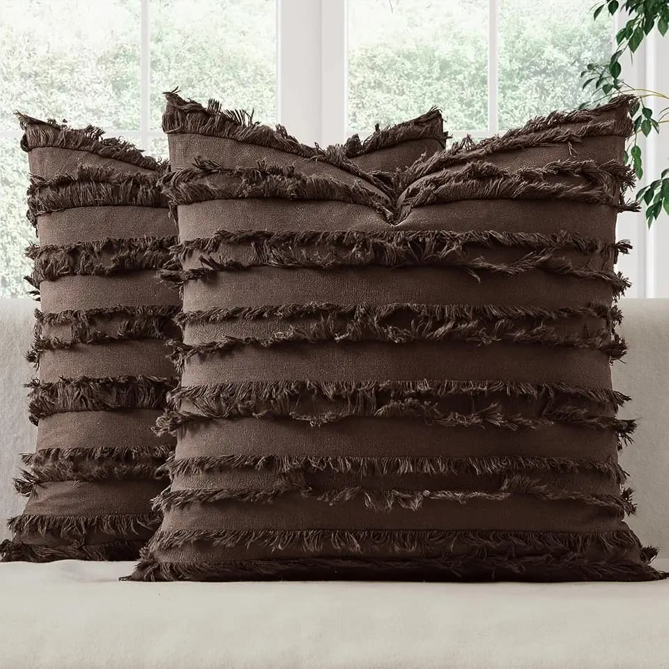 MIULEE Boho Linen Striped Throw Pillow Covers 20x20, Dark Brown