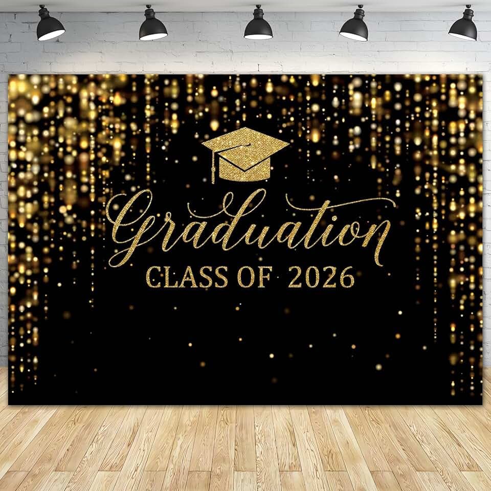 8x6ft Polyester Black Congrats Graduation Backdrop Class of 2026 Photography Background Gold Bachelor Cap Celebration Party Decorations Banner Picture Photo Booth