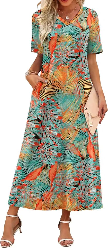 WIHOLL Women's Maxi Dresses V Neck Vacation Beach Sundresses Floral Travel Summer Dress
