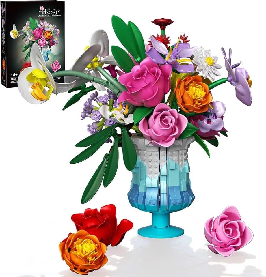 Mavo brix Flower Building Set with Vase, Artificial Botanical Flower Set for Adults Women, Home Décor Display, Romantic Gift for Christmas, Valentine’s Day, Compatible with Lego Flower, 956 PCS