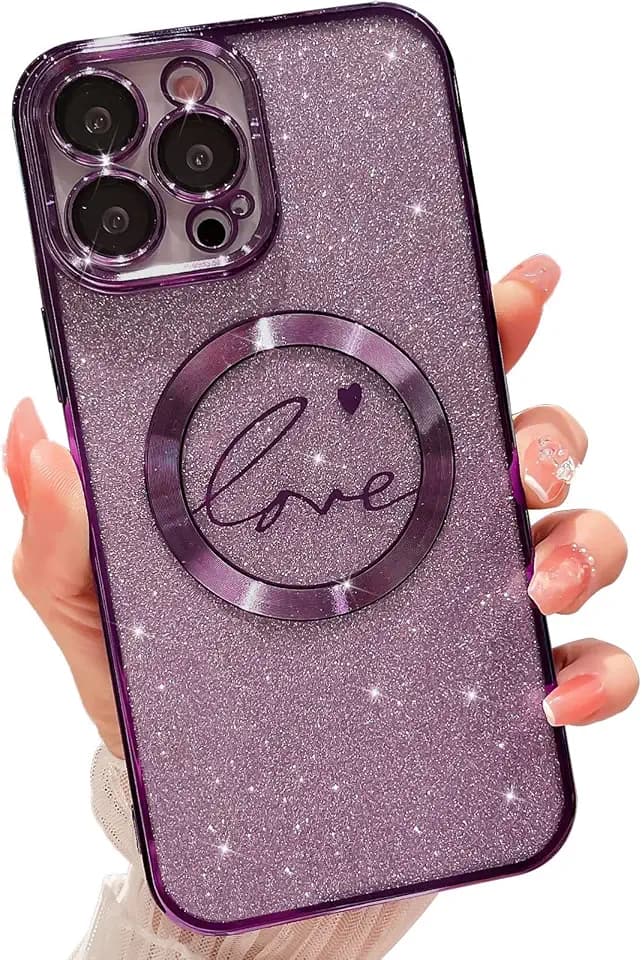 Compatible with iPhone 14 Pro Max Magnetic Glitter Case-6.7 Inch, Luxury Love Heart Pattern Plating Clear Case, Compatible with MagSafe for Women Girls Shockproof Back Cover-Purple