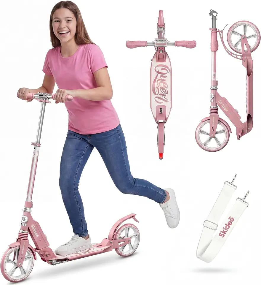 Skidee Adult & Teen Scooter Adjustable Height, Folding, Large Wheels, Lightweight, Durable, Anti-Shock Suspension, Up to 220 lbs