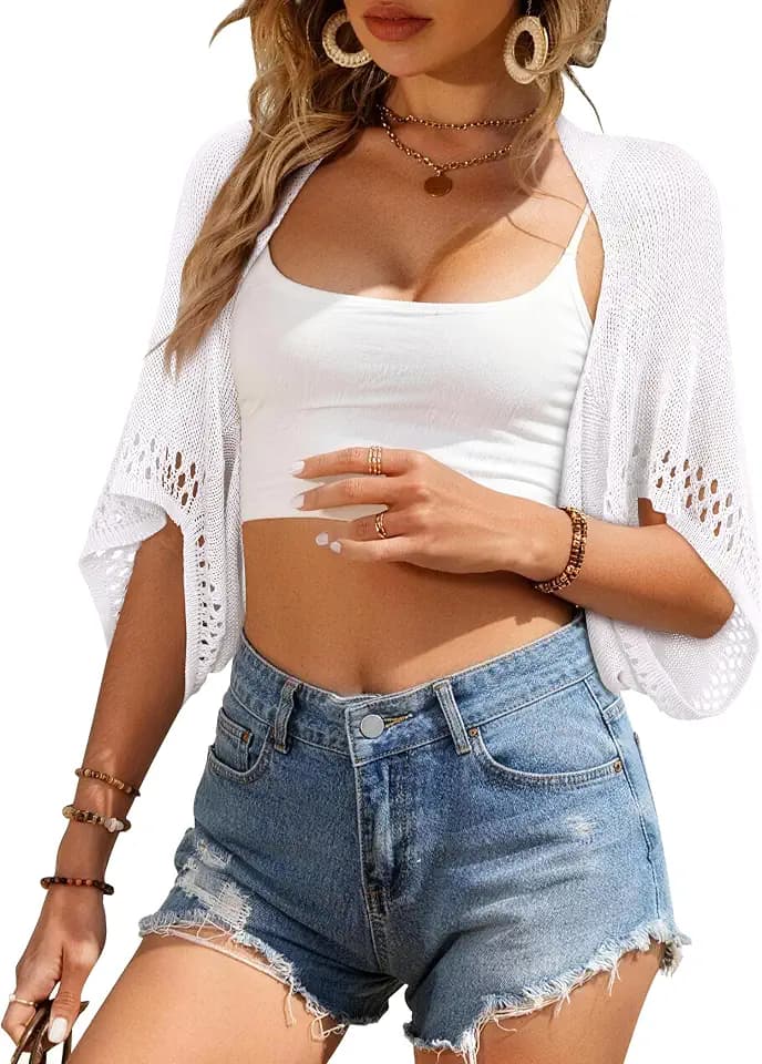 Women's Summer Shrug Cardigan Open Knit 3/4 Sleeve Cover Up White