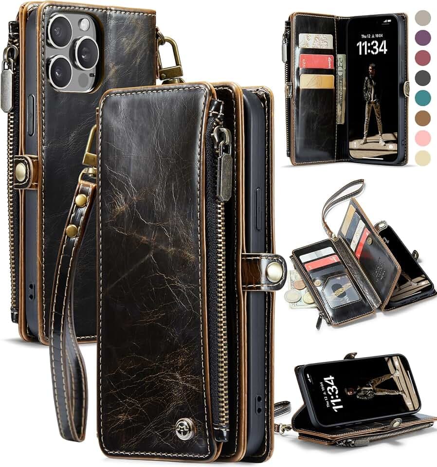 Defencase for iPhone 15 Pro Max Wallet Case with RFID Card Holder, Coffee