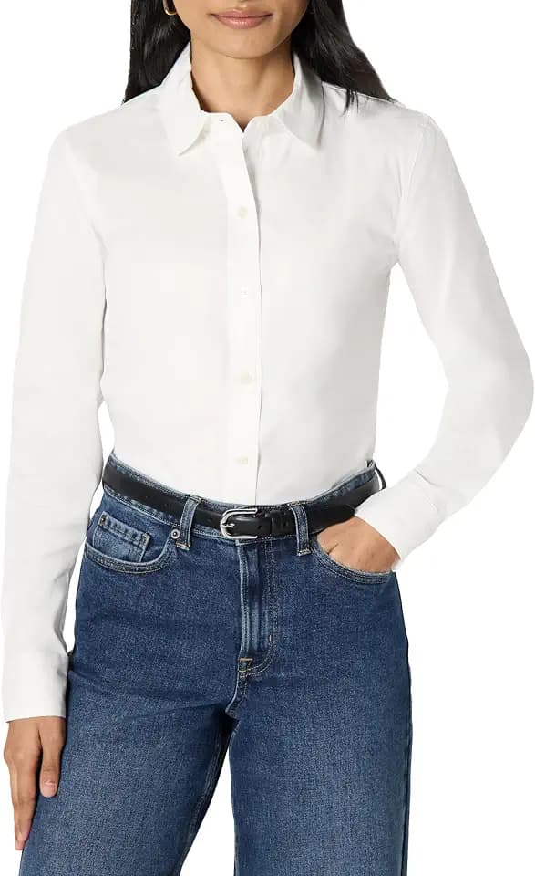 Amazon Essentials Damen Stretch-Popeline-Anzughemd Mit Durchgehender Knopfleiste
