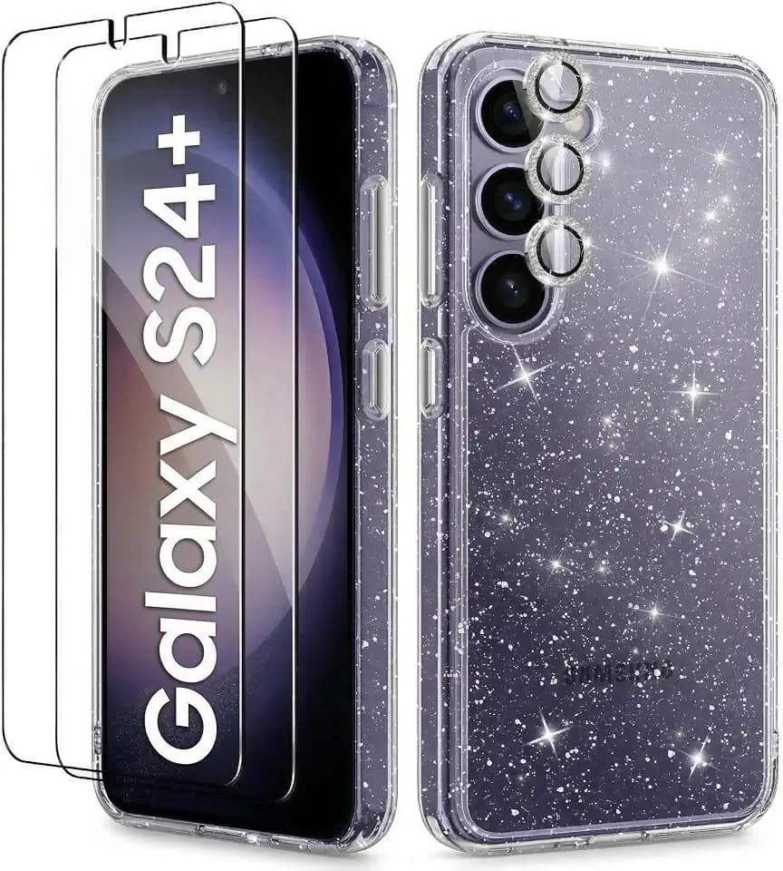 KIOMY Glitter Clear Case for Samsung Galaxy S24 Plus 5G with Diamond Sparkle Camera Lens Protector + 2 Pack Tempered Glass Screen Protector, Sparkly Shockproof Protective Girl Cover (for Samsung S24+)