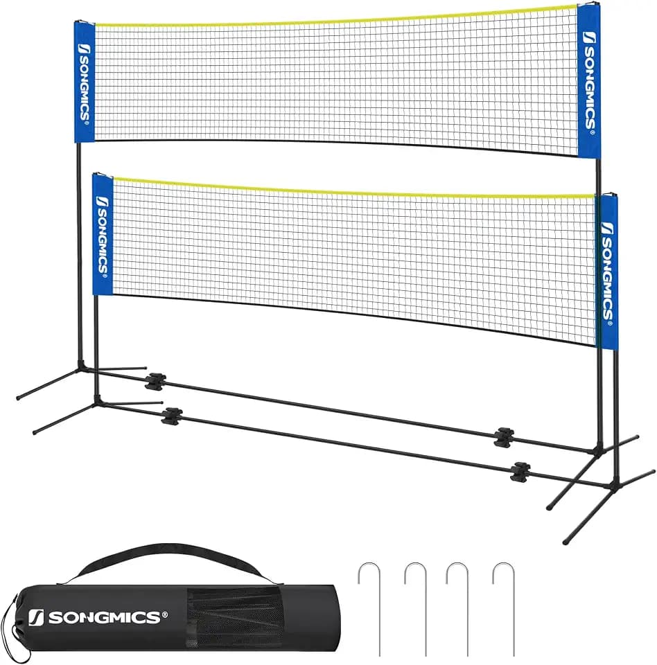 SONGMICS 300 cm/400 cm/500 cm Badmintonnetz, Volleyballnetz, höhenverstellbare Stangen, tragbares Set für Tennis, Beach-Volleyball, für Garten, Park, Outdoor