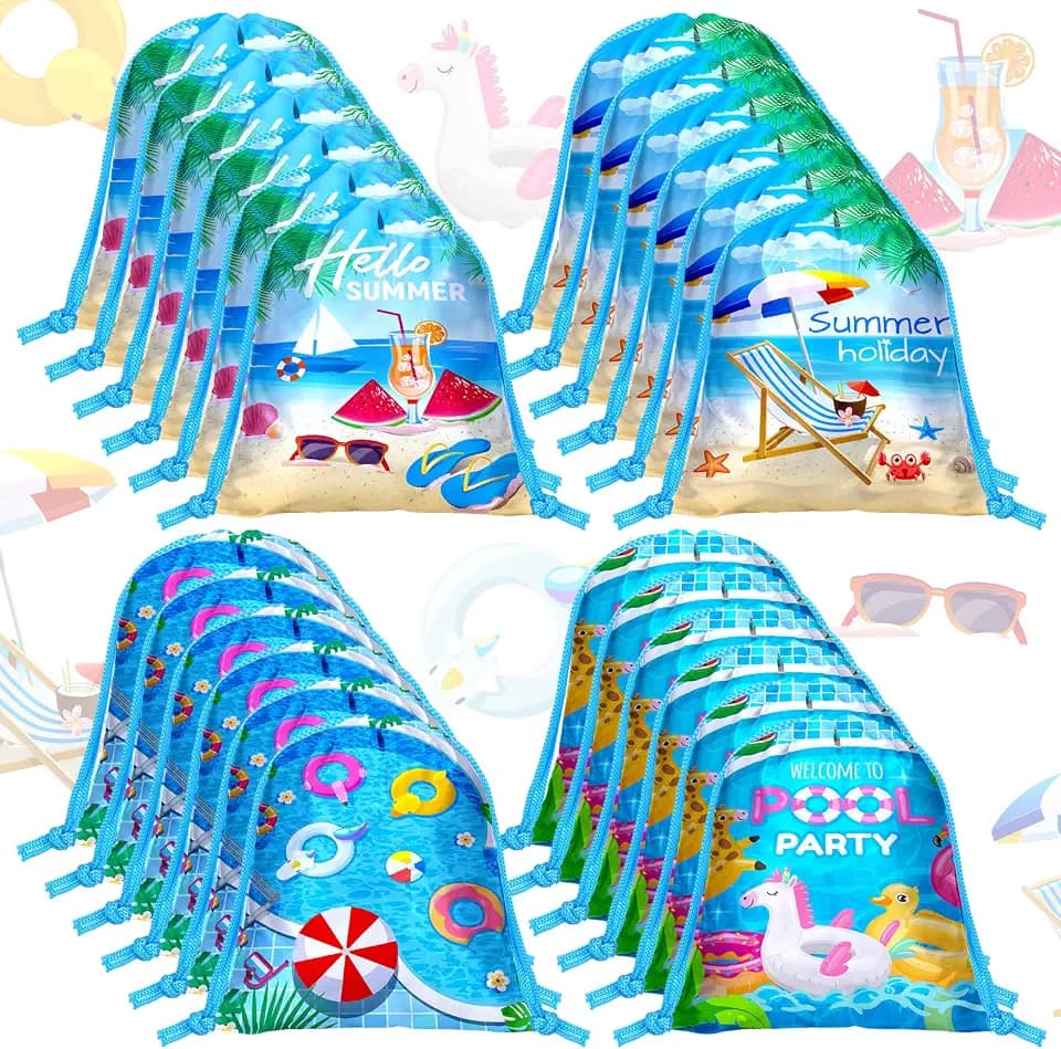 Capoda 24 Pcs Pool Party Favors Drawstring Bags 7.09 x 5.12 Inches Beach Hawaiian Backpacks Goodie Favors Bags Summer Party Decoration for Tropical Swimming Pool Birthday Supplies