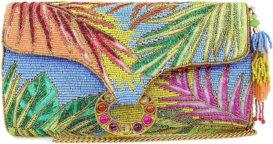 Mary Frances Tropics Beaded Crossbody Handbag with Leaf Embroidery Statement Evening Clutch Purse, Multicolor