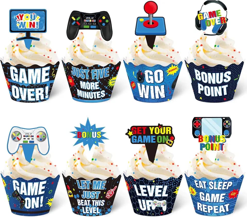Nuenen 96 Pcs Video Game Cupcake Topper and Wrappers Set, Blue
