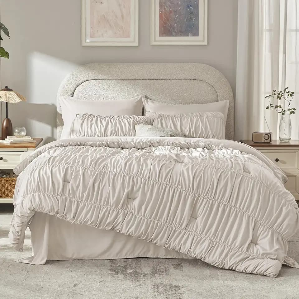 Andency Ruched Linen Grey Queen Size Comforter, 7 Pieces Ruffle Bedding