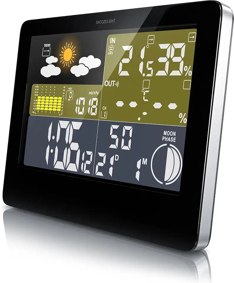 CSL Funk Wetterstation mit Farbdisplay inkl. Außensensor, DCF Empfangssignal Funkuhr, Innen und Außentemperatur Wettervorhersage-Piktogramm UVM. LCD-Display