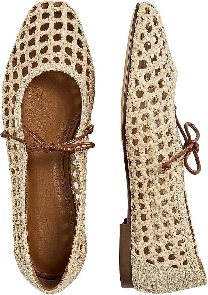 Women Woven Mesh Ballet Flats Raffia Lace up Mary Jane Flats