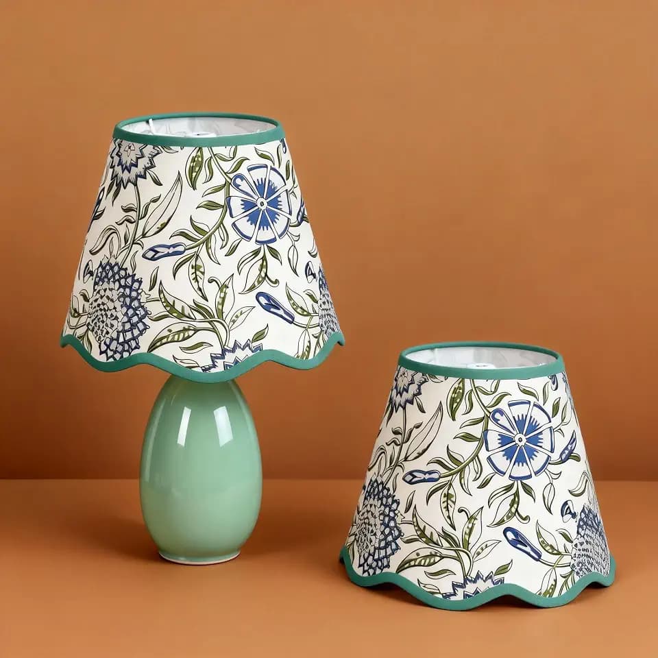 Scalloped Lamp Shades Set of 2, 5" Top x 9" Bottom x 7" Slant Chandelier Shades Green Scallop Lampshades for Vintage Farmhouse Table Bedroom Home Decor