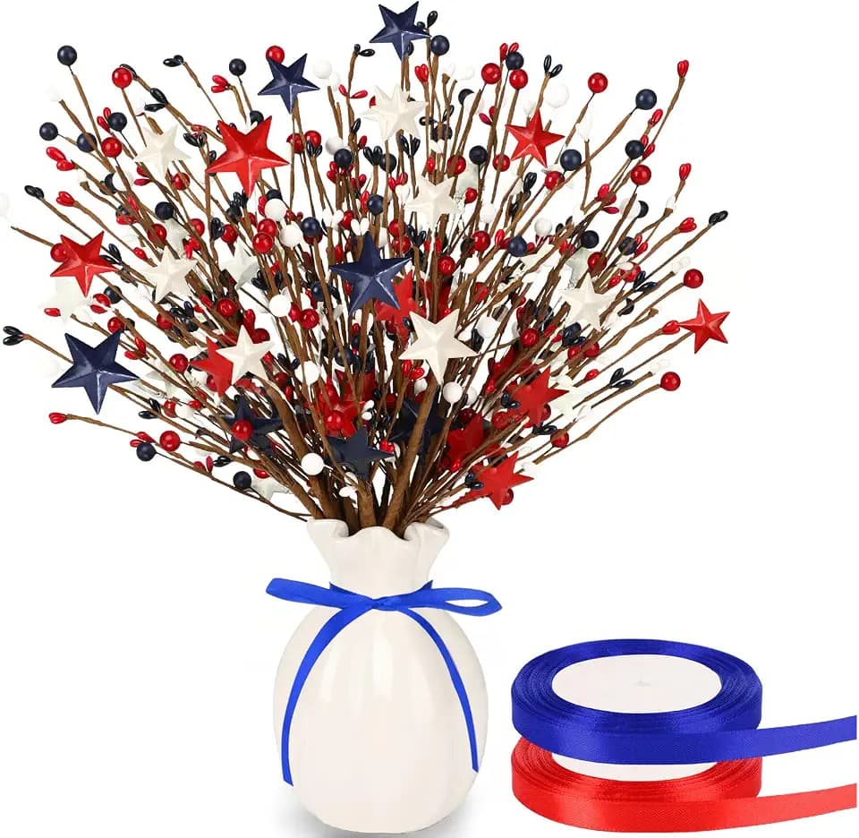 JUNEBRUSHS 6 Pack Patriotic Artificial Berry Stem Picks Red White and Blue Artificial Art Flowers Berry 4th of July Floral Picks with 2 Roll Ribbons for Bouquet Garland Table Centerpieces Home Decor