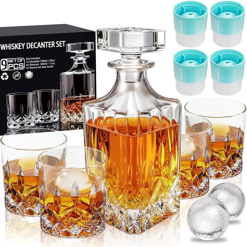 Whiskey Decanter Set for Men, 4*Crystal Whiskey Glasses(Get 4 Silicone Ice Mold Free), Lead-Free Decanter Set for Whiskey, Bourbon, Scotch, Anniversary Christmas Gifts for Dad, Husband, Whiskey Lovers