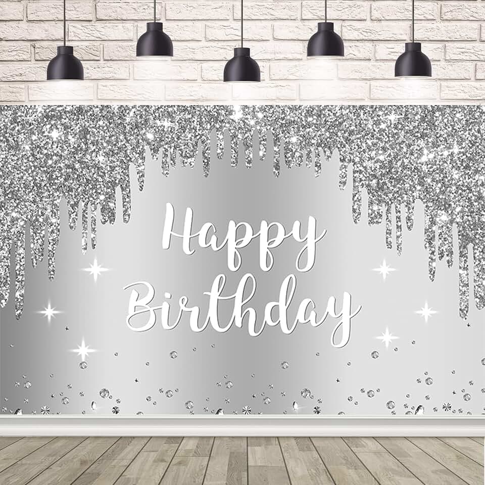 AIBIIN Happy Birthday Banner Girls Silver Glitter Diamond Birthday Decorations Women Birthday Party Banner Background Supplies Favors for Photography,70.8 x 43.3 Inch