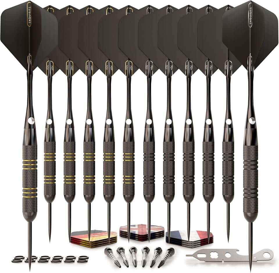 CC-Exquisite Darts Set | Professional 12 X 20/22g Metal Tip Darts | Steel Tip Darts with 24 Flights & 18 Aluminum shafts + Dart Tool, Rubber O-Rings