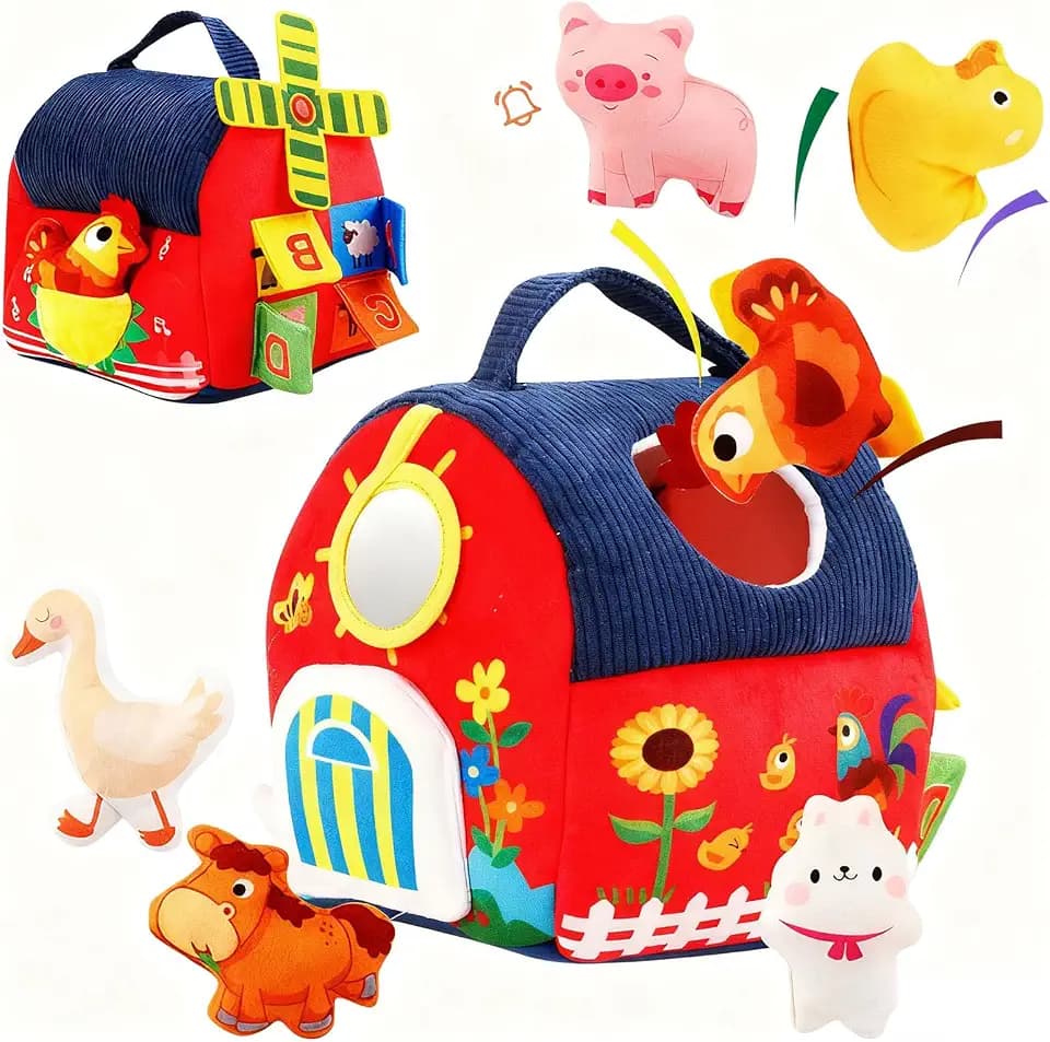 Baby Toys 6-12 Months Montessori Sensory Toy Barn with Stuffed Farm Animals, Rattle, Crinkle for Infants. Portable Learning Gift for 6 Month Old, 1-3 Year Old Toddlers, Christmas Stocking Stuffers