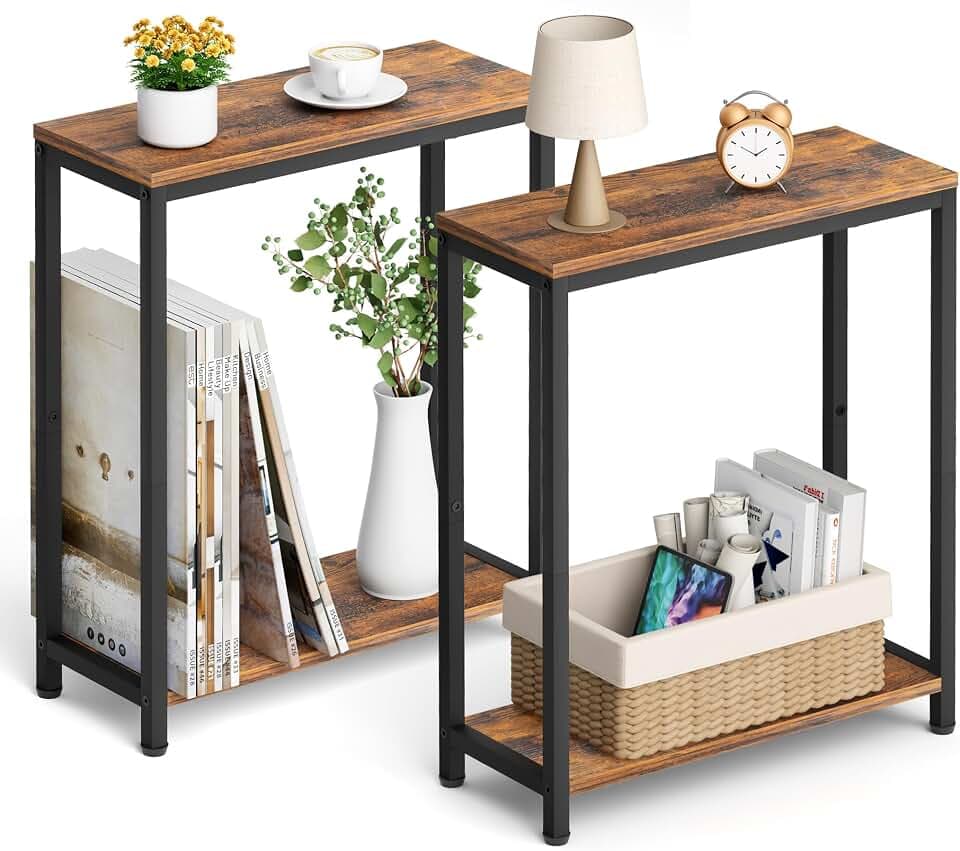 SLEEPING LAMB Narrow End Tables Living Room Set of 2 Small Side Table for Small Space, 2 Tier Slim Skinny Night Stand for Bedroom, Couch Beside Nightstands, Rustic Brown and Classic Black