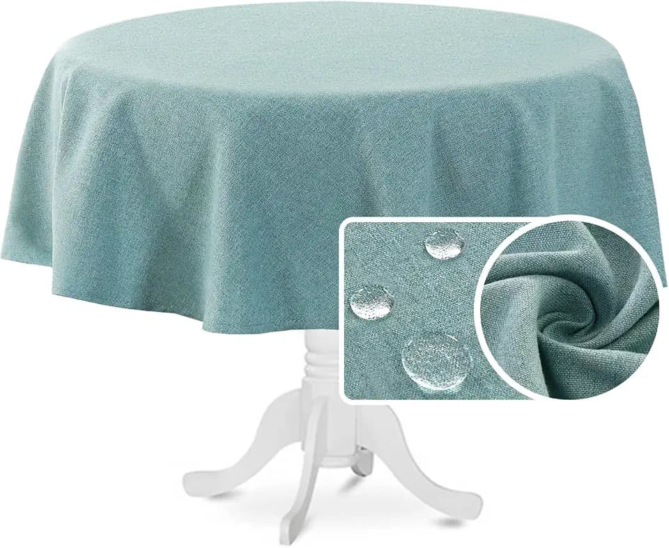 H.VERSAILTEX Linen Textured Tablecloth Round 70 inch Waterproof Decorative Table Cloth Spill-Proof Linen Look Cover for Party Table Extra Soft and Thick Fabric Wrinkle Free, Heather Aqua
