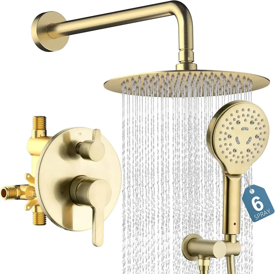 Brushed Gold Shower Faucet Set with Valve 10 Inches High Pressure Shower Head Combo Set Wall Mount Rain Shower Head System with 6 Function Handheld
