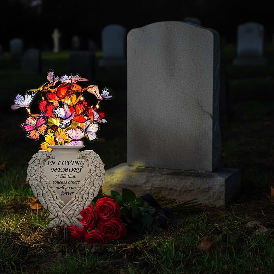 Solar Angel Wing Memorial Stake - Metal Silhouette Grave Decorations for Cemetery - Flat Outdoor Sympathy Gift with Butterfly Lights & Flowers - Bereavement Decor for Loss of Mom Dad（with Flowers))