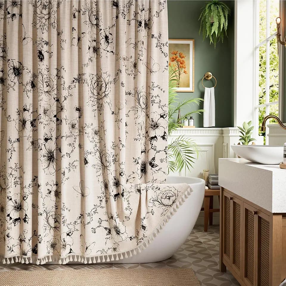 Vintage Black Floral Shower Curtain with 12 Clear Rings - 72" W x 84" L