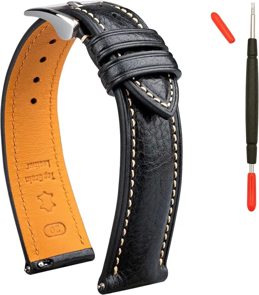 Italian Leather Watch Band Tuscany Natural Vegetable-Tanned Top Grain Genuine Leather Strap,18mm 19mm 20mm 21mm 22mm XL XXL Quick Release Replacement Watch Bands for Men and Women Thick and Soft
