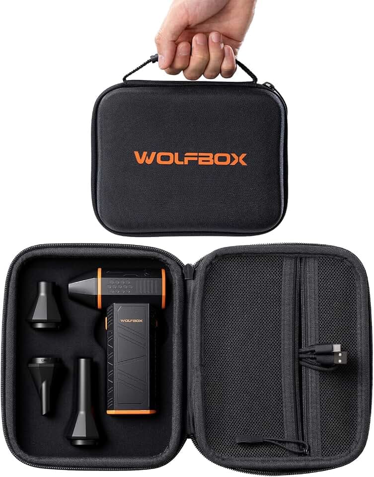 WOLFBOX Harte Tragetasche, kompatibel mit MF50 MF100 MF60 MF70 elektrischer Luftstaubwedel, stoßfeste schützende Reise-Aufbewahrungstasche für Druckluftgebläse & Zubehör, spritzwassergeschützt (SB50