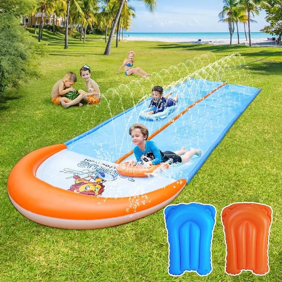 Slip Water and Slide, 15ft Extra Long Lawn Water Slides for Kids Adults, Double Lanes Racing Backyard Summer Sprinkler and Splash Water Toy, XL Slip Waterslide with Inflatable Bodyboards Garden Toy