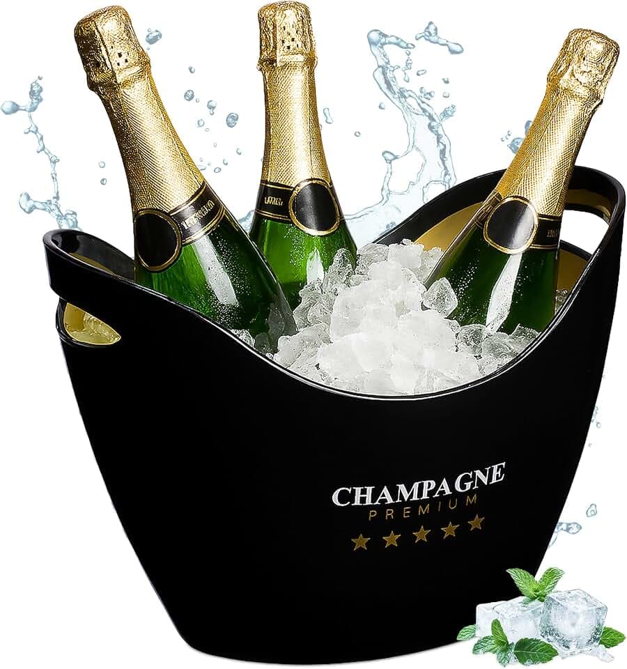 Relaxdays Sektkühler, Flaschenkühler, 8l Volumen, Getränke kühlen, Champagnerkühler HxBxT: 25,5x35x25,5 cm, schwarz/Gold