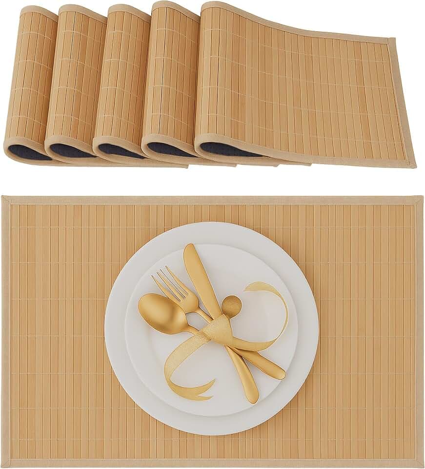 Relaxdays Tischset, 6er Set, Bambus, Stoffrand, rutschhemmend, Natur