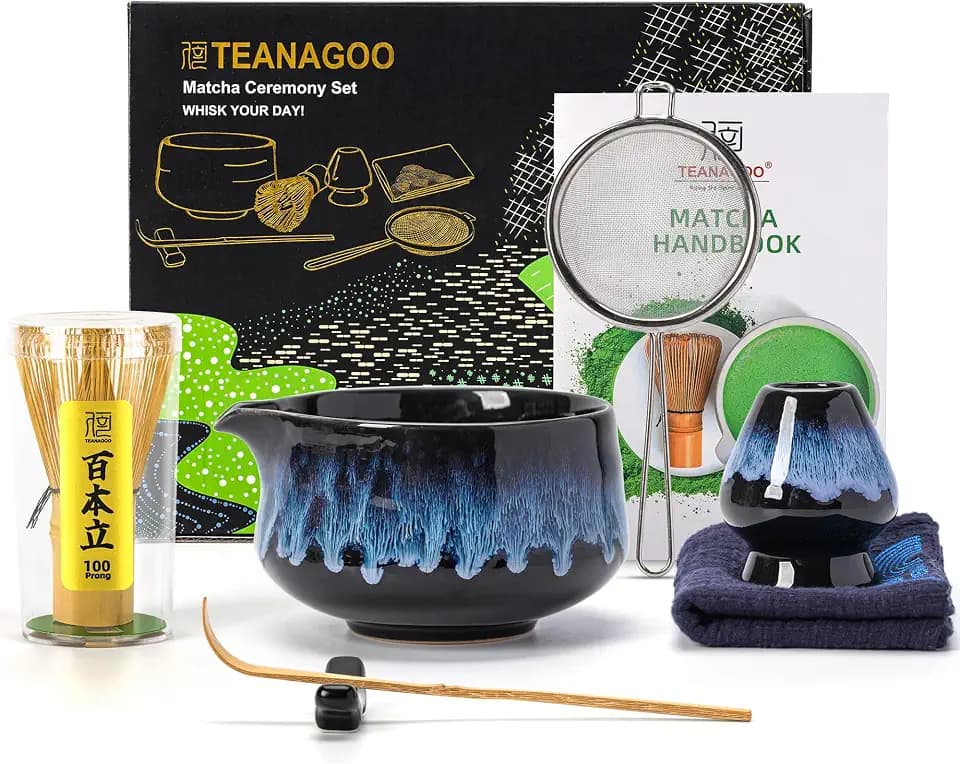 TEANAGOO Matcha Set mit Ausgießer, Mitternachtsblau, Bambusbesen
