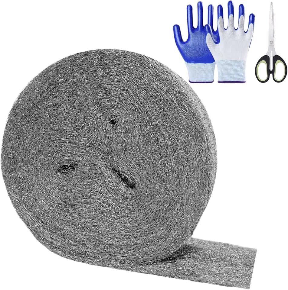 Steel Wool Mice Control, #1 Coarse Steel Wool 65Ft(1.1lb), Mouse Hole Filler DIY Kit Includes Gloves & Scissors for Home & Garage, Wall, Garden, Medium Grade