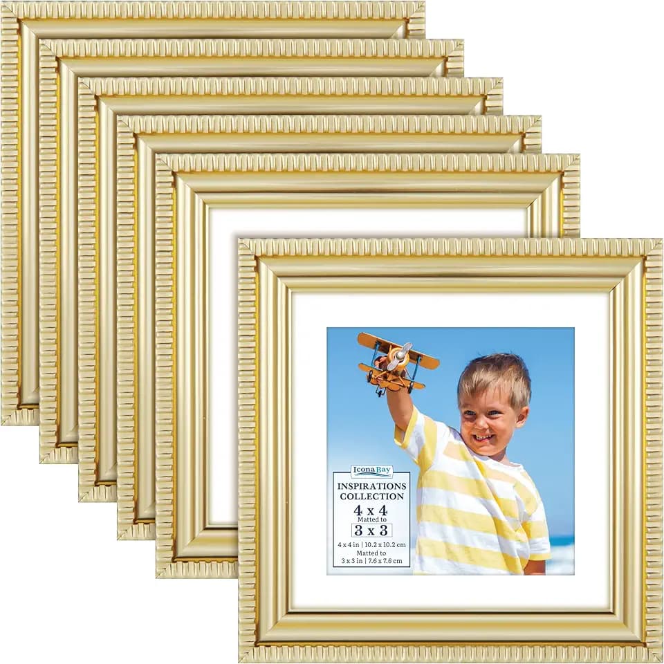 4x4 Picture Frames with 3x3 Mat, Gold, 6 Pack, Contemporary, Inspirations