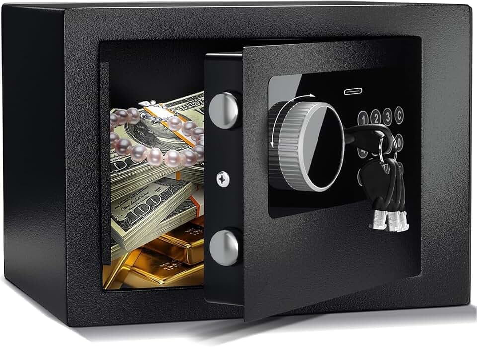 Digital Electronic Money Safe, Steel Security Lock Box with Keypad, Office Hotel Business Jewelry Gun Cash Safe, 0.23 Cubic Feet, 9.06" W x 6.69" D x 6.69" H(black)
