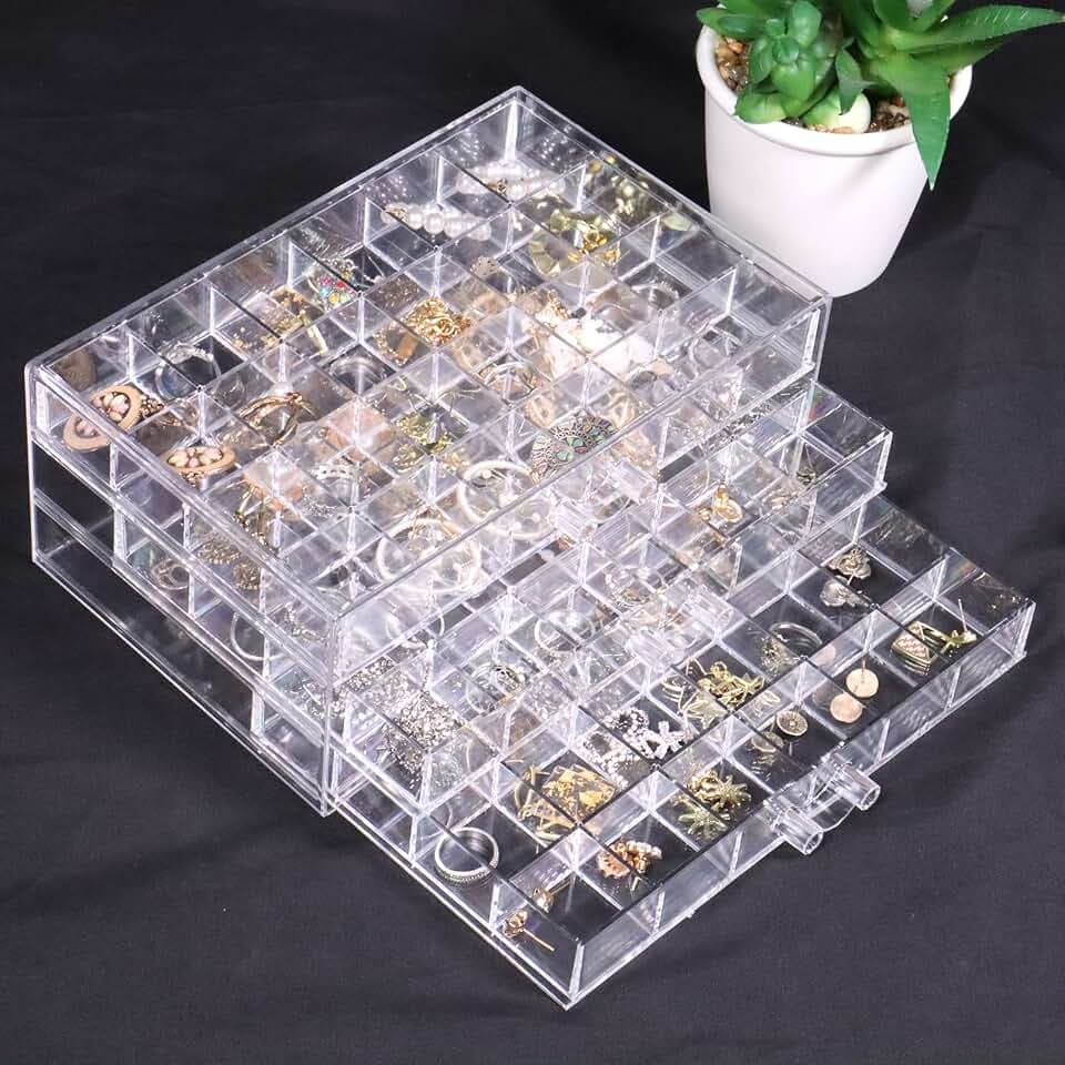 Nwvuop Ohrring Aufbewahrungsbox Klar Acryl Schmuck Aufbewahrungsbox Klar Ohrringhalter mit 3 Schubladen 72 kleine Fächer für Ring Ohrring